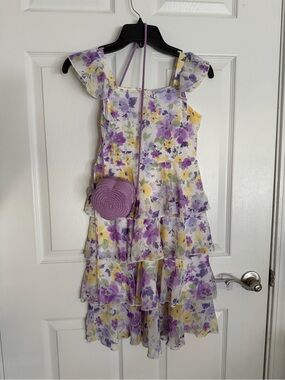 Speechless Kids Purple & Yellow Floral Tiered Dress with Purse